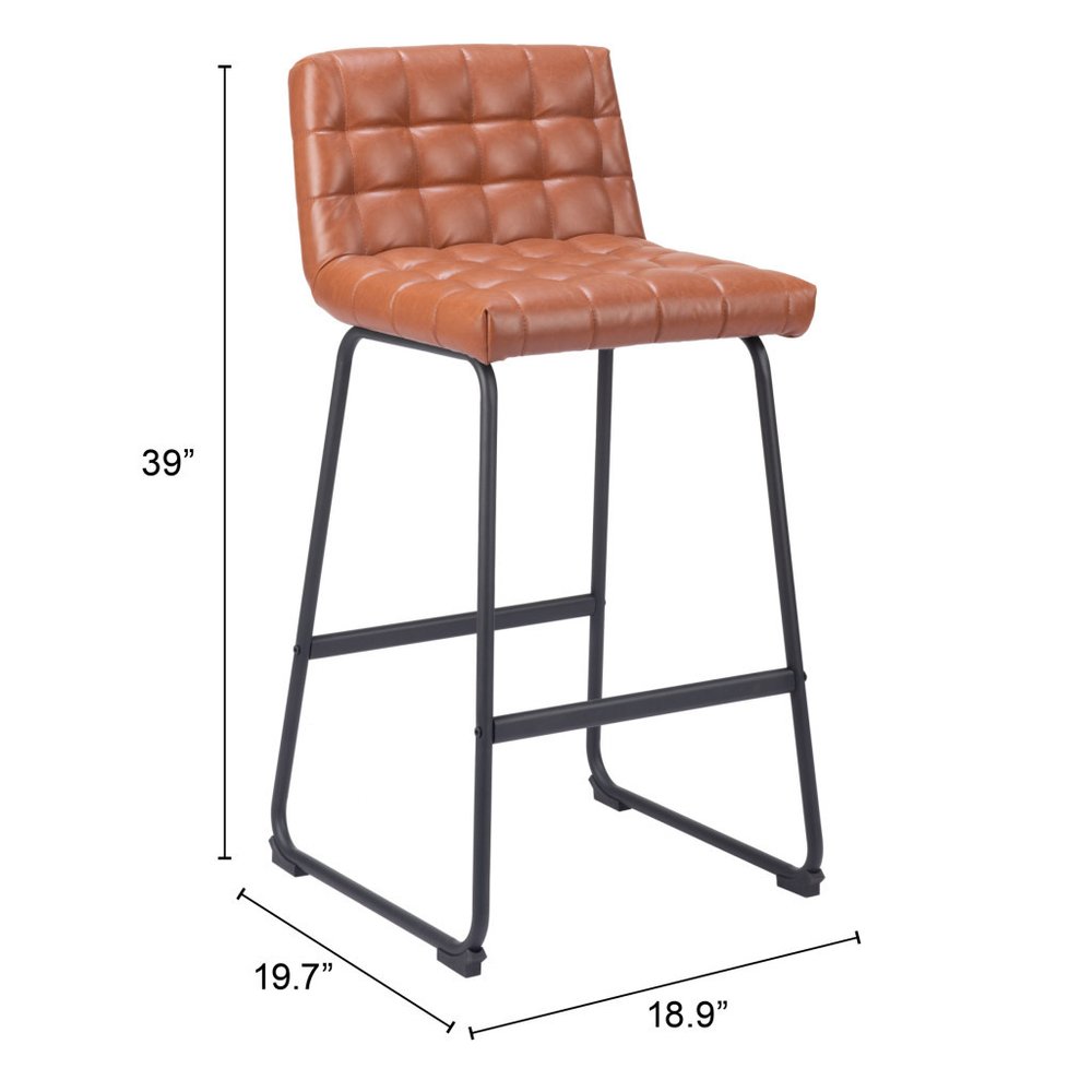 Set of Two 30" Brown And Black Faux Leather And Steel Bar Height Bar Chairs