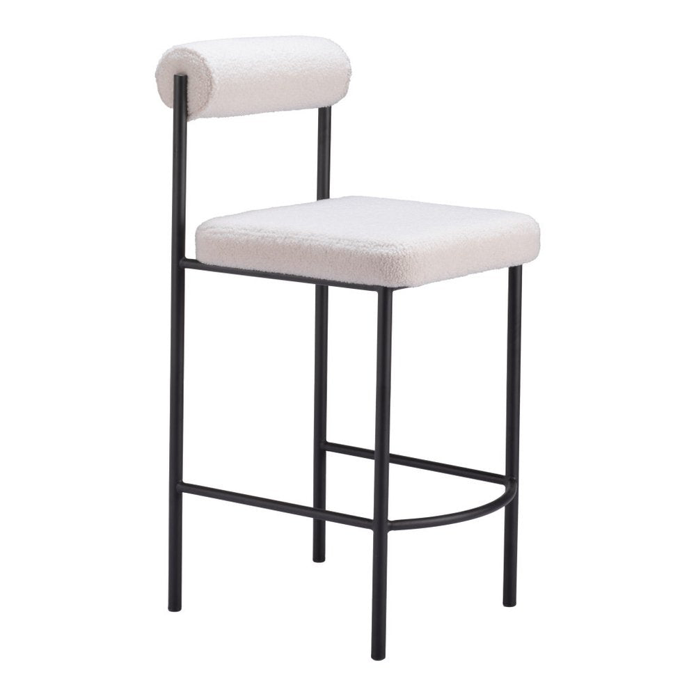 Set of Two 26" Ivory and Black Faux Shearling and Steel Low Back Counter Height Bar Chairs