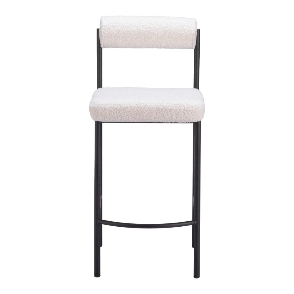 Set of Two 26" Ivory and Black Faux Shearling and Steel Low Back Counter Height Bar Chairs