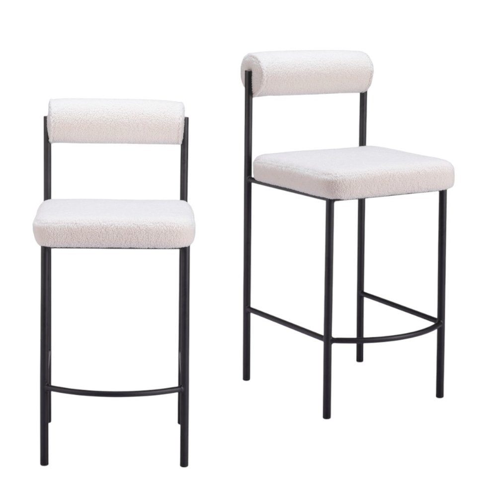 Set of Two 26" Ivory and Black Faux Shearling and Steel Low Back Counter Height Bar Chairs