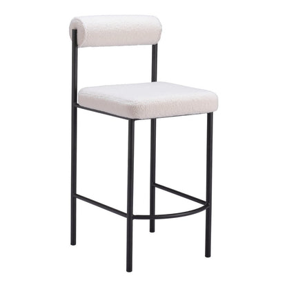 Set of Two 26" Ivory and Black Faux Shearling and Steel Low Back Counter Height Bar Chairs