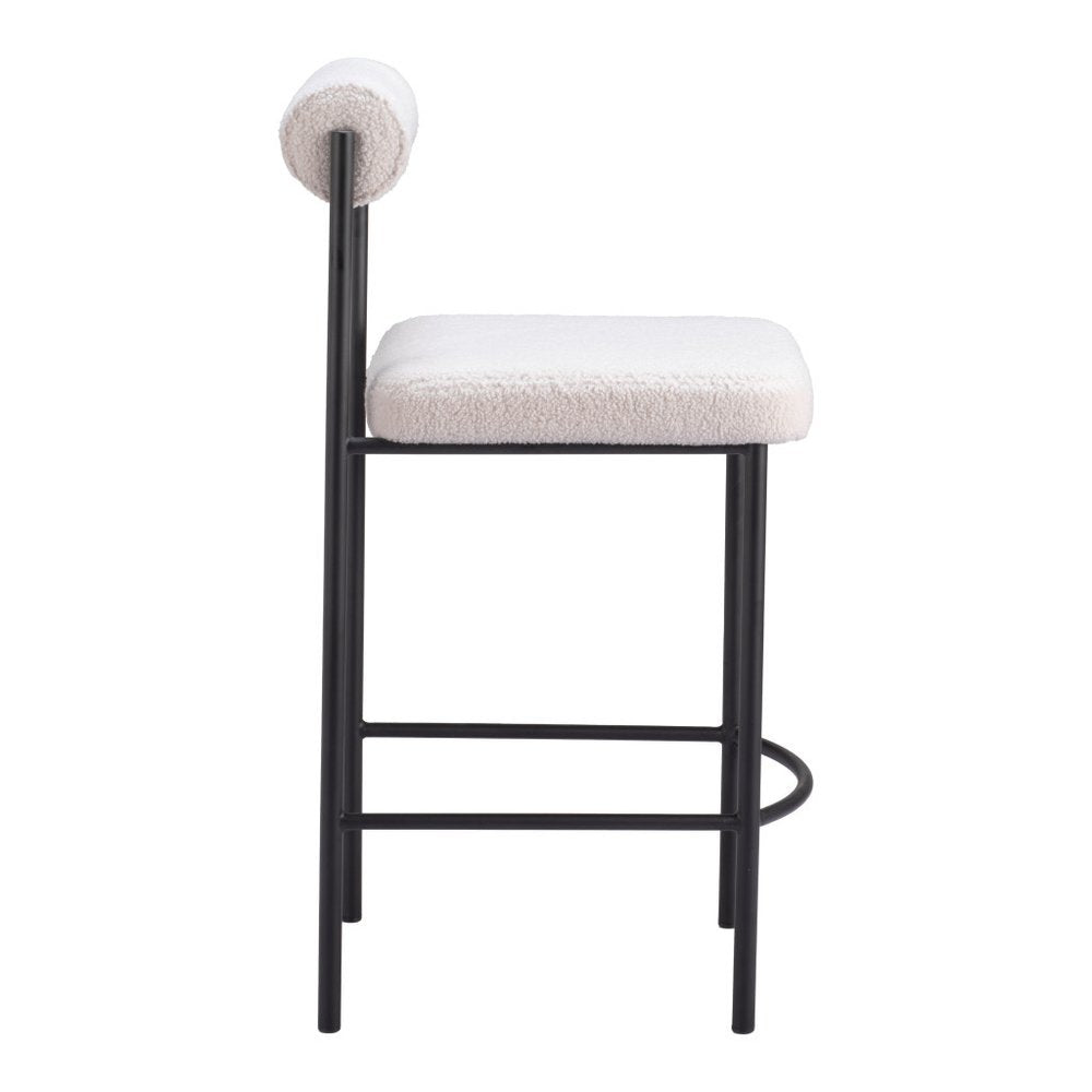 Set of Two 26" Ivory and Black Faux Shearling and Steel Low Back Counter Height Bar Chairs