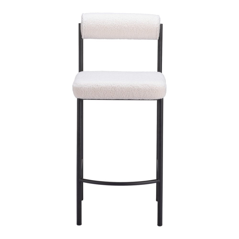 Set of Two 26" Ivory and Black Faux Shearling and Steel Low Back Counter Height Bar Chairs
