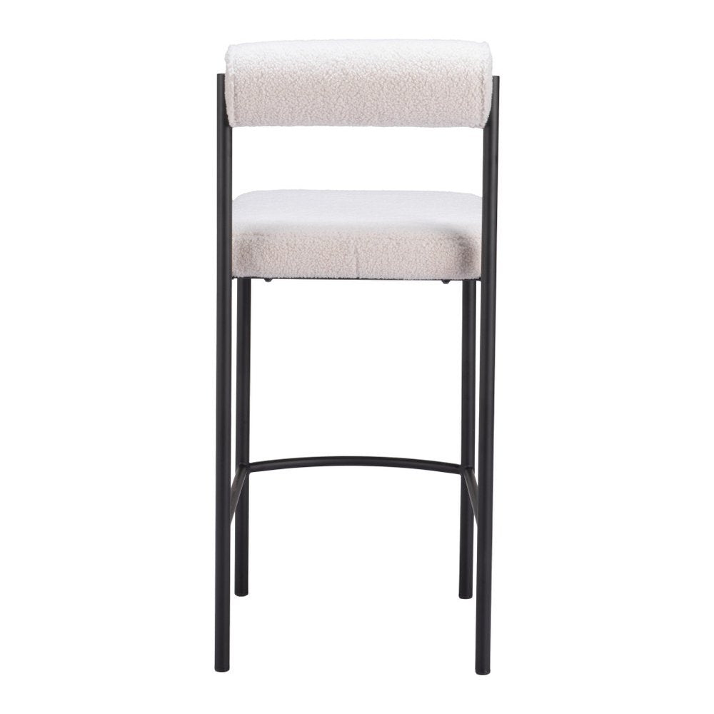 Set of Two 26" Ivory and Black Faux Shearling and Steel Low Back Counter Height Bar Chairs