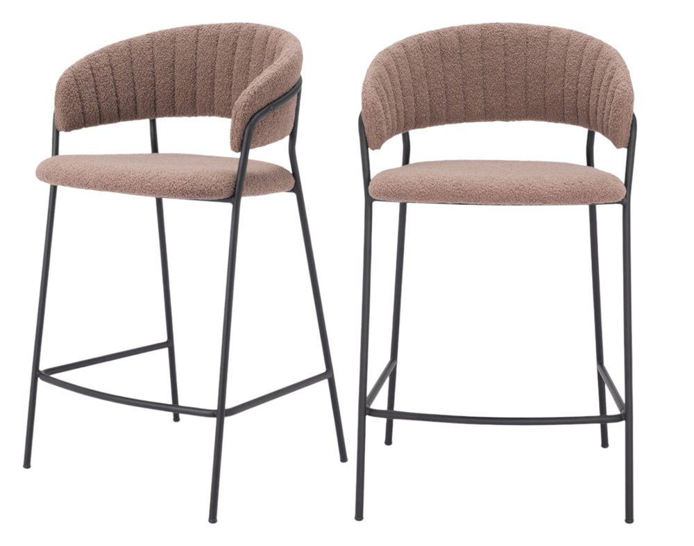 Set of Two 26" Brown and Black Shearling and Steel Low Back Counter Height Bar Chairs