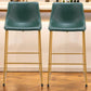 Set of Two 29" Green And Gold Faux Leather And Steel Bar Height Bar Chairs
