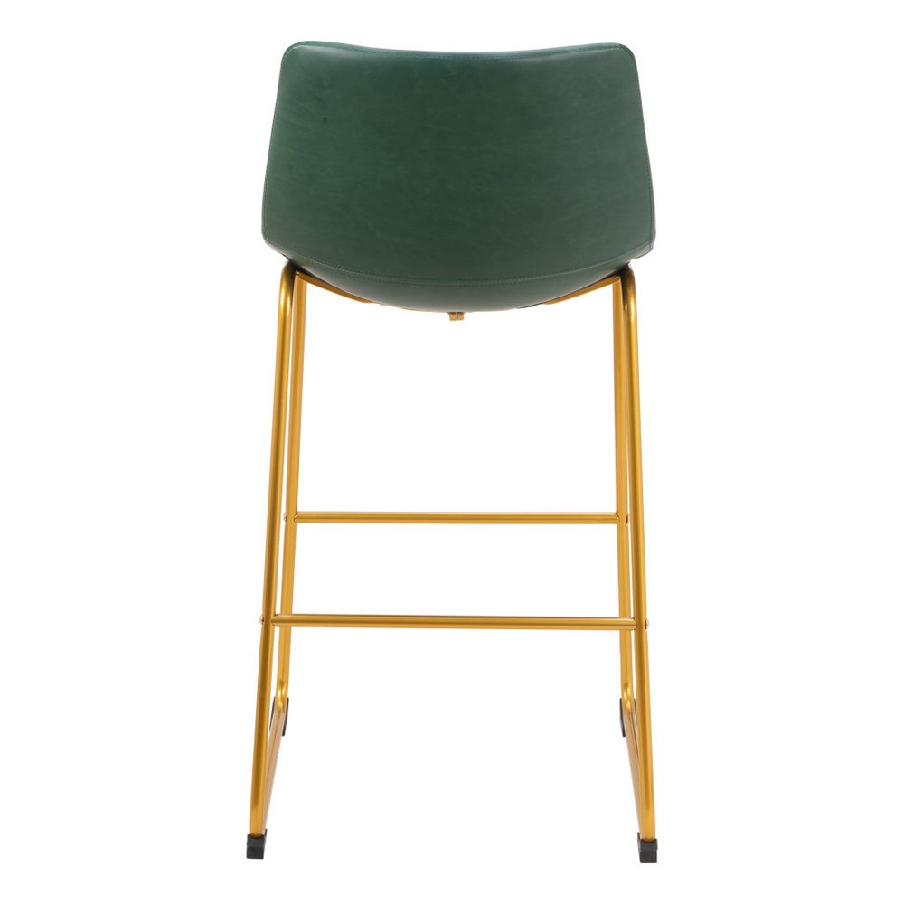 Set of Two 29" Green And Gold Faux Leather And Steel Bar Height Bar Chairs