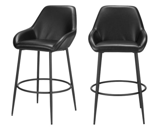 Set of Two 30" Black Faux Leather And Fabric And Steel Bar Height Bar Chairs