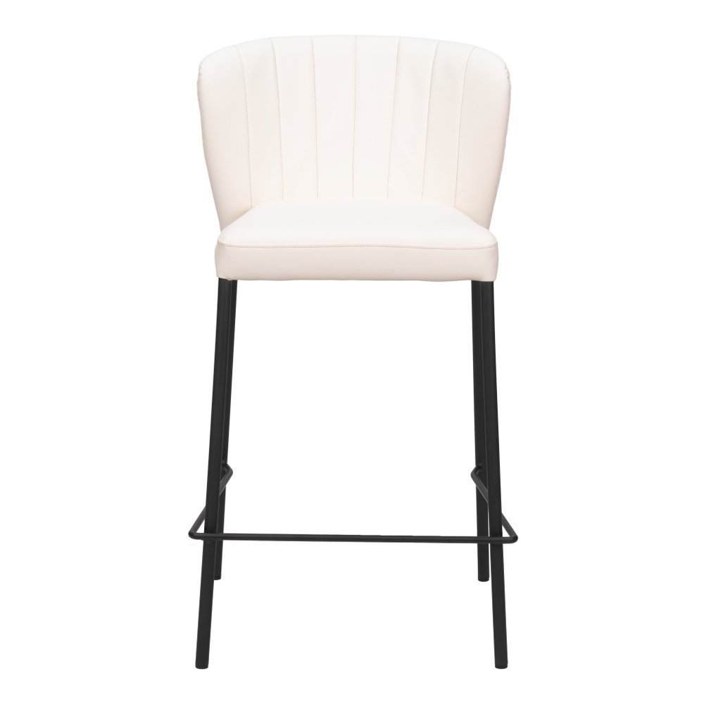 Set of Two 26" Cream And Black Faux Leather And Steel Counter Height Bar Chairs