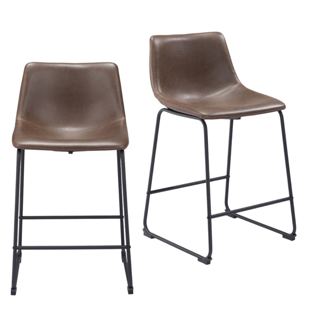 Set of Two 24" Espresso and Black Faux Leather and Steel Counter Height Bar Chairs