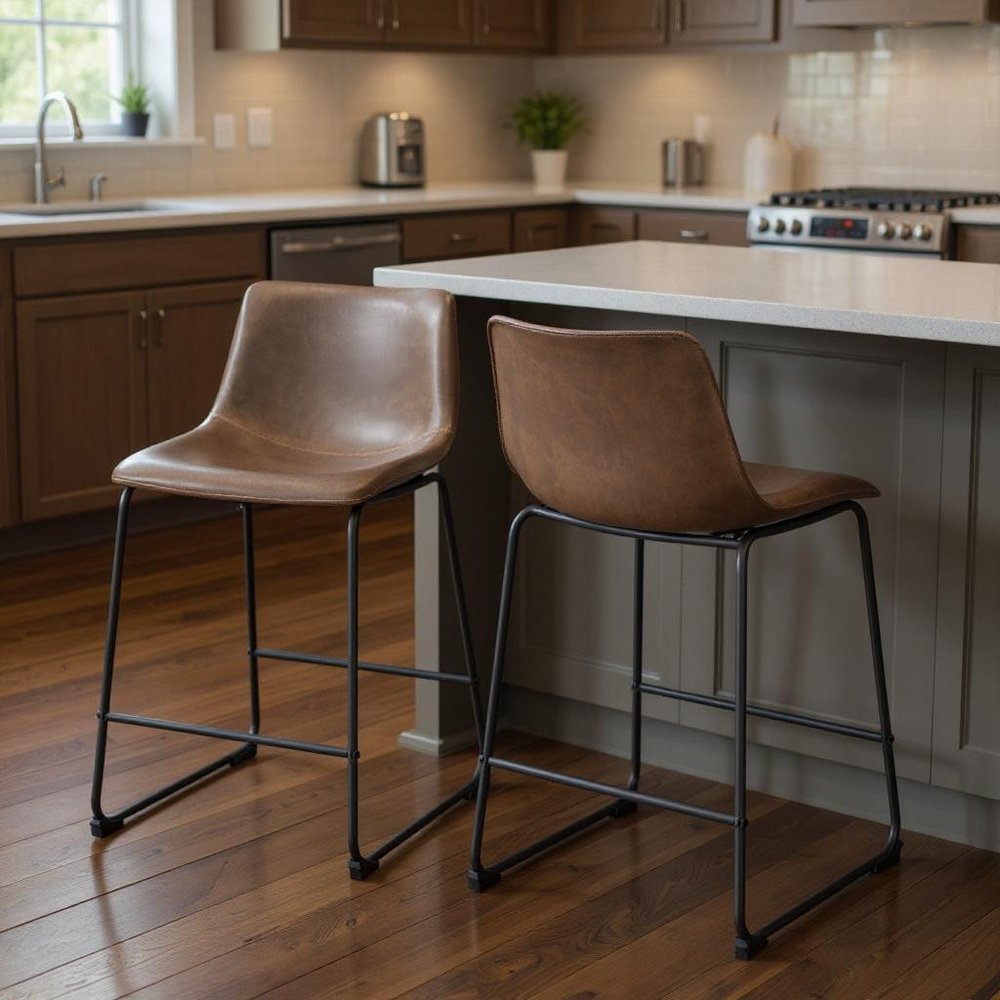 Set of Two 24" Espresso and Black Faux Leather and Steel Counter Height Bar Chairs