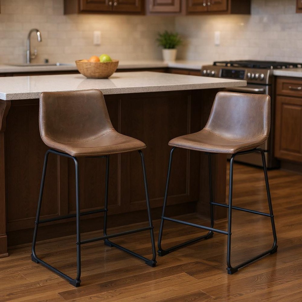 Set of Two 24" Espresso and Black Faux Leather and Steel Counter Height Bar Chairs