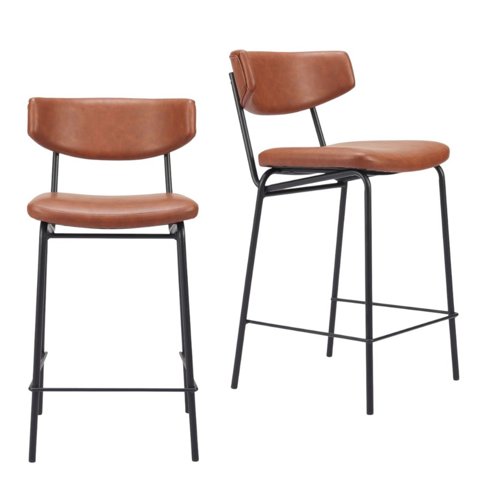 Set of Two 30" Brown and Black Faux Leather and Steel Low Back Bar Height Bar Chairs