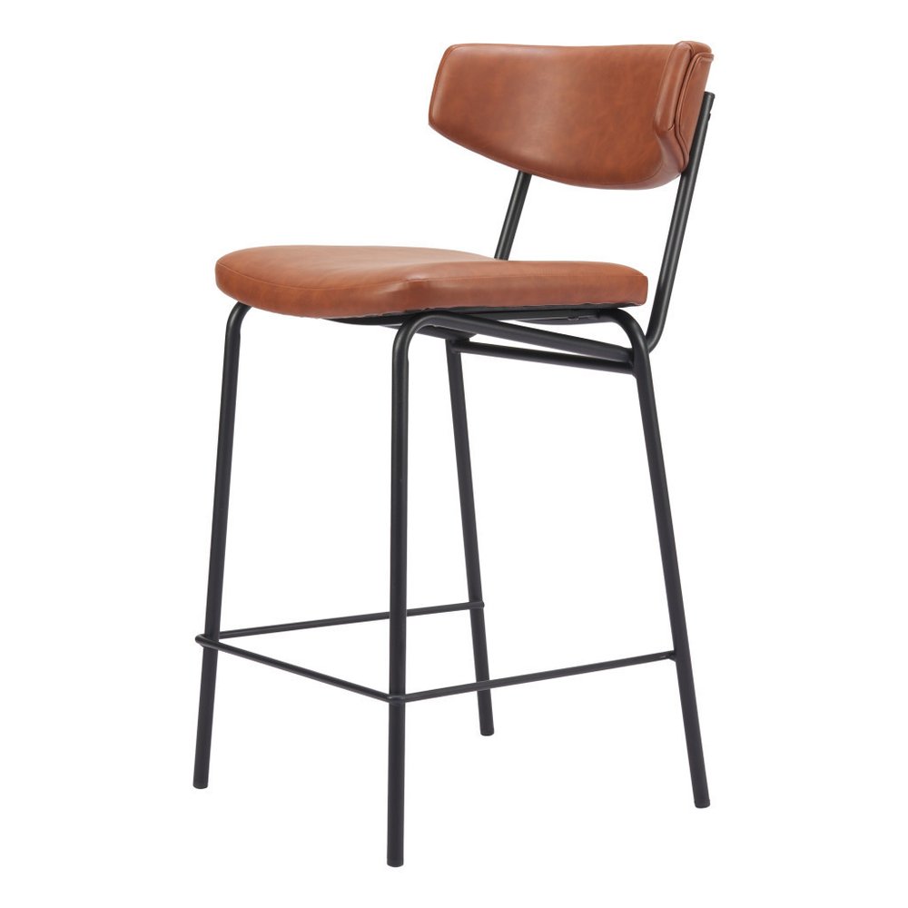 Set of Two 30" Brown and Black Faux Leather and Steel Low Back Bar Height Bar Chairs