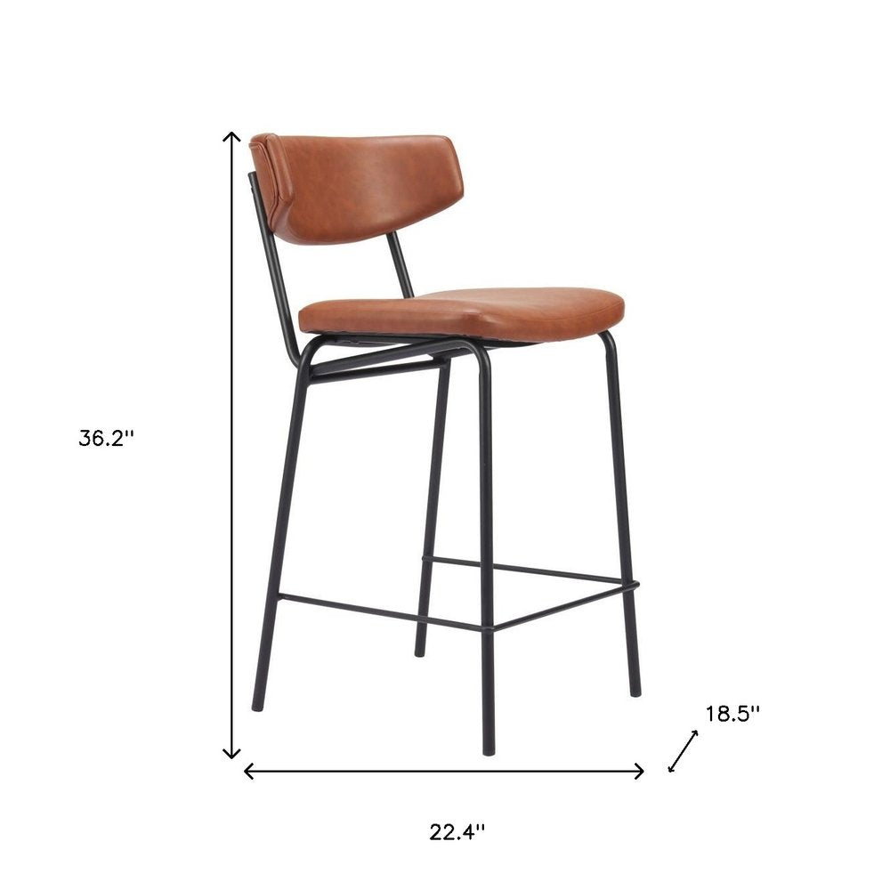 Set of Two 30" Brown and Black Faux Leather and Steel Low Back Bar Height Bar Chairs