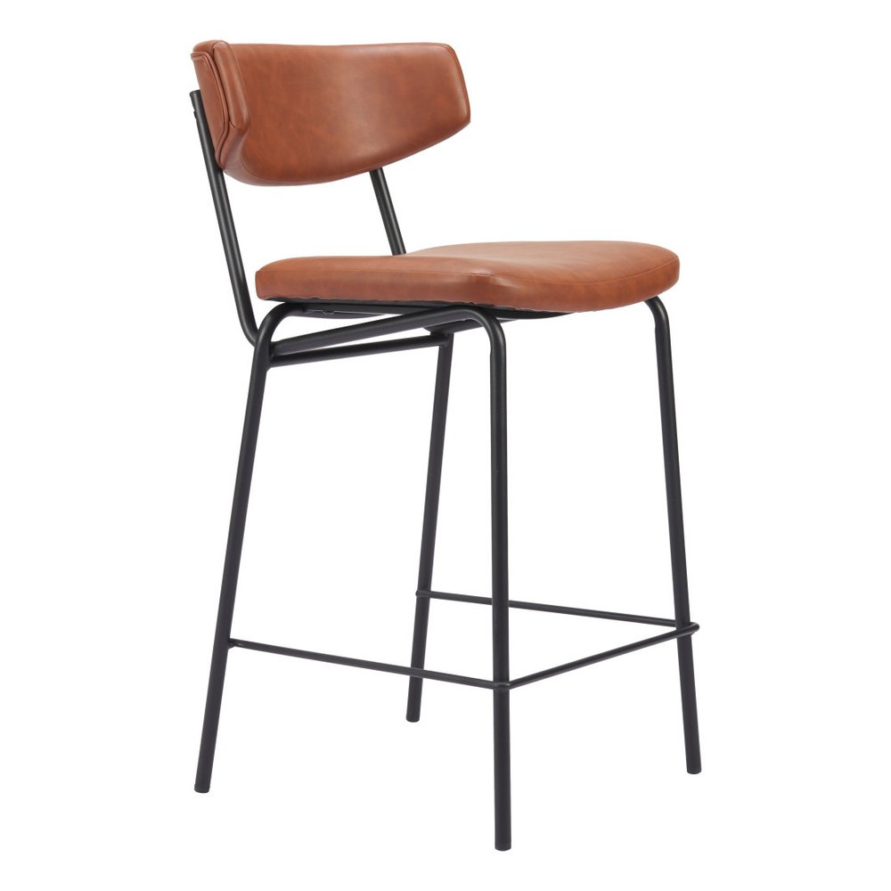 Set of Two 30" Brown and Black Faux Leather and Steel Low Back Bar Height Bar Chairs