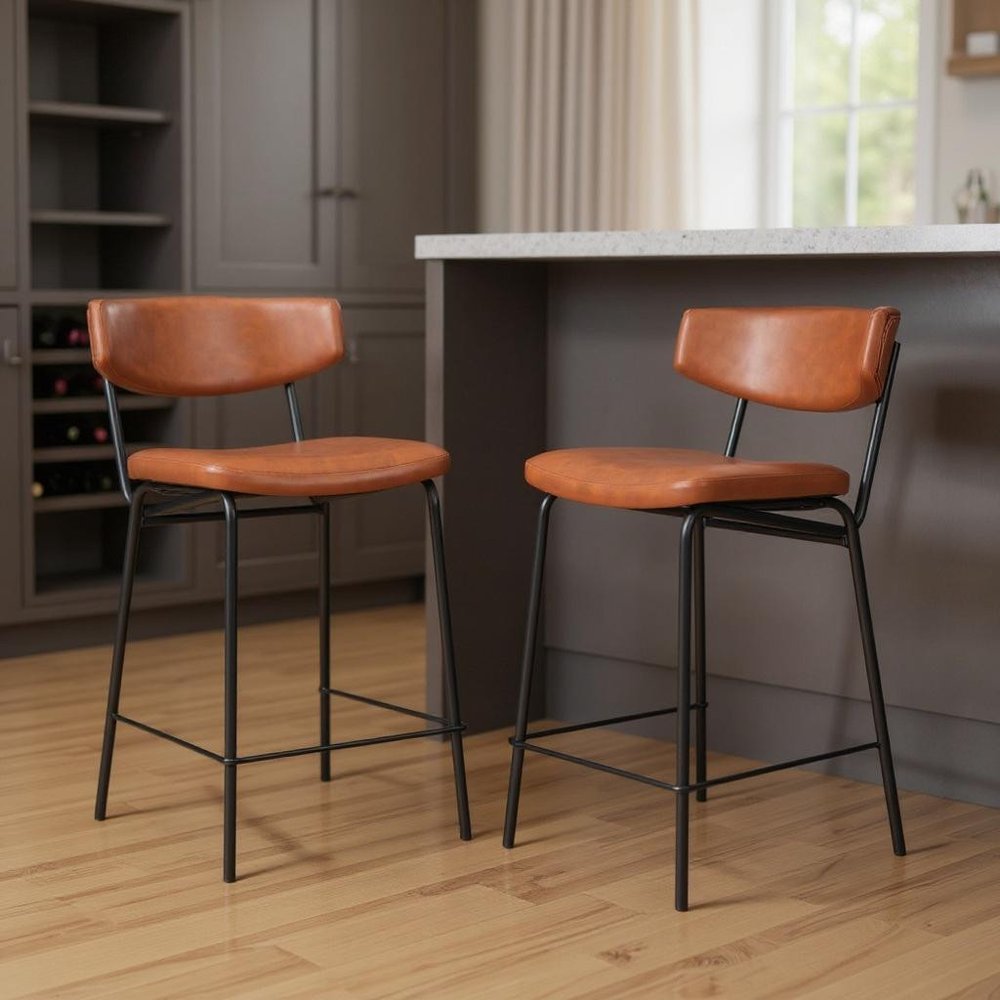 Set of Two 30" Brown and Black Faux Leather and Steel Low Back Bar Height Bar Chairs