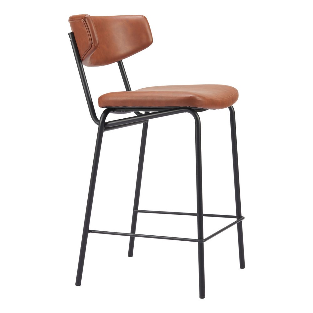 Set of Two 30" Brown and Black Faux Leather and Steel Low Back Bar Height Bar Chairs