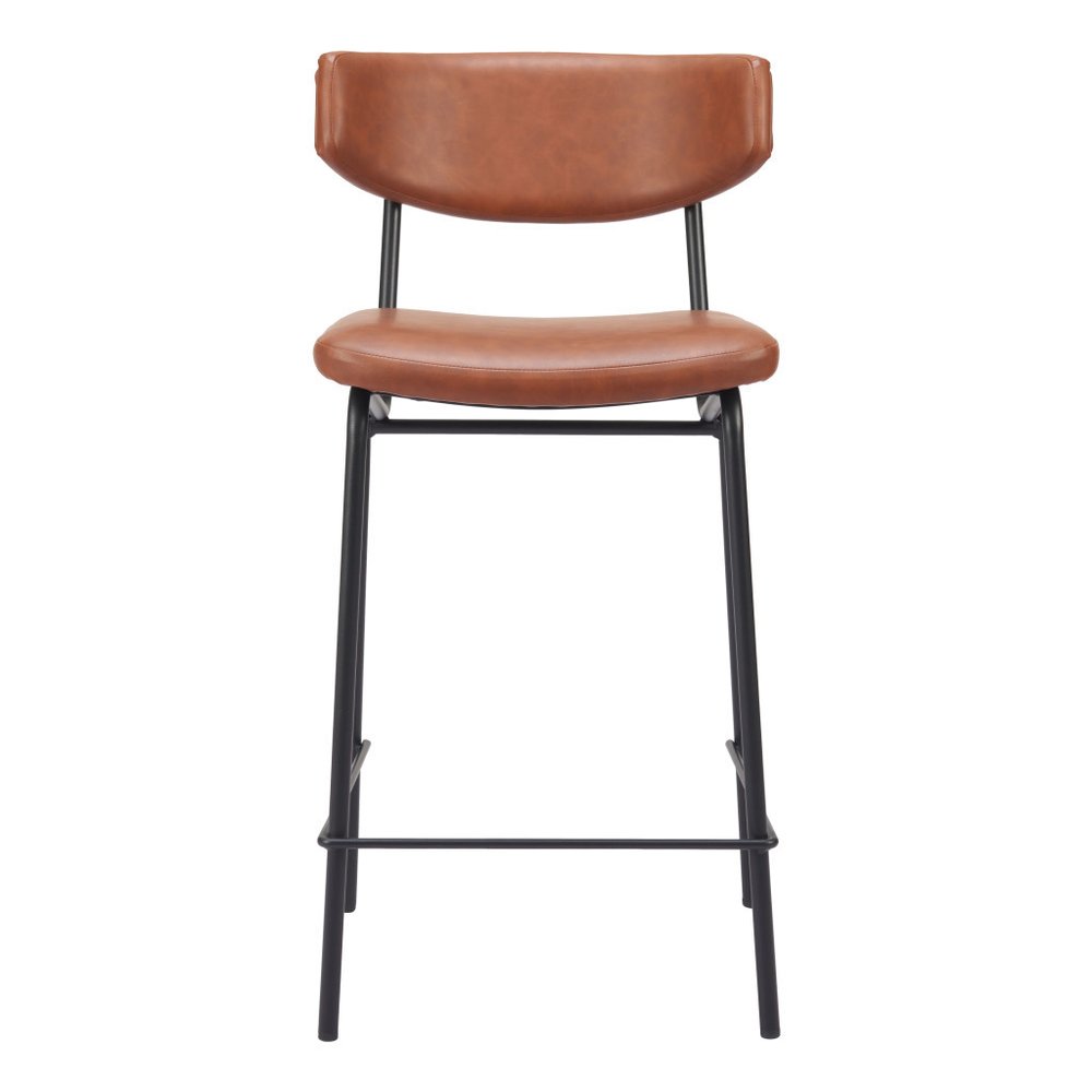 Set of Two 30" Brown and Black Faux Leather and Steel Low Back Bar Height Bar Chairs