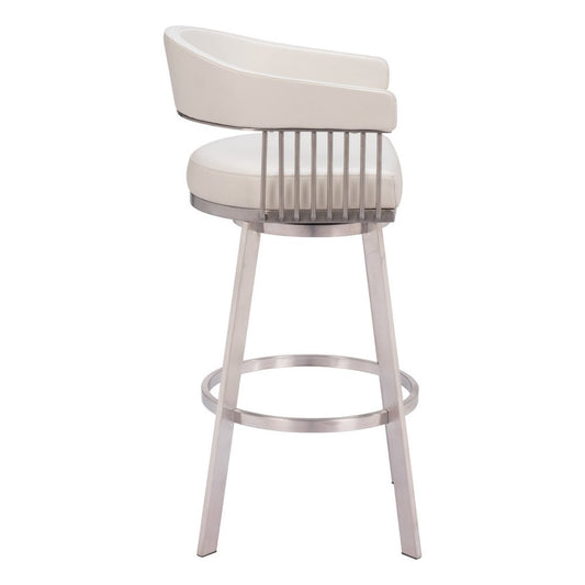 31" White And Silver Faux Leather And Fabric And Steel Low Back Bar Height Swivel Bar Chair