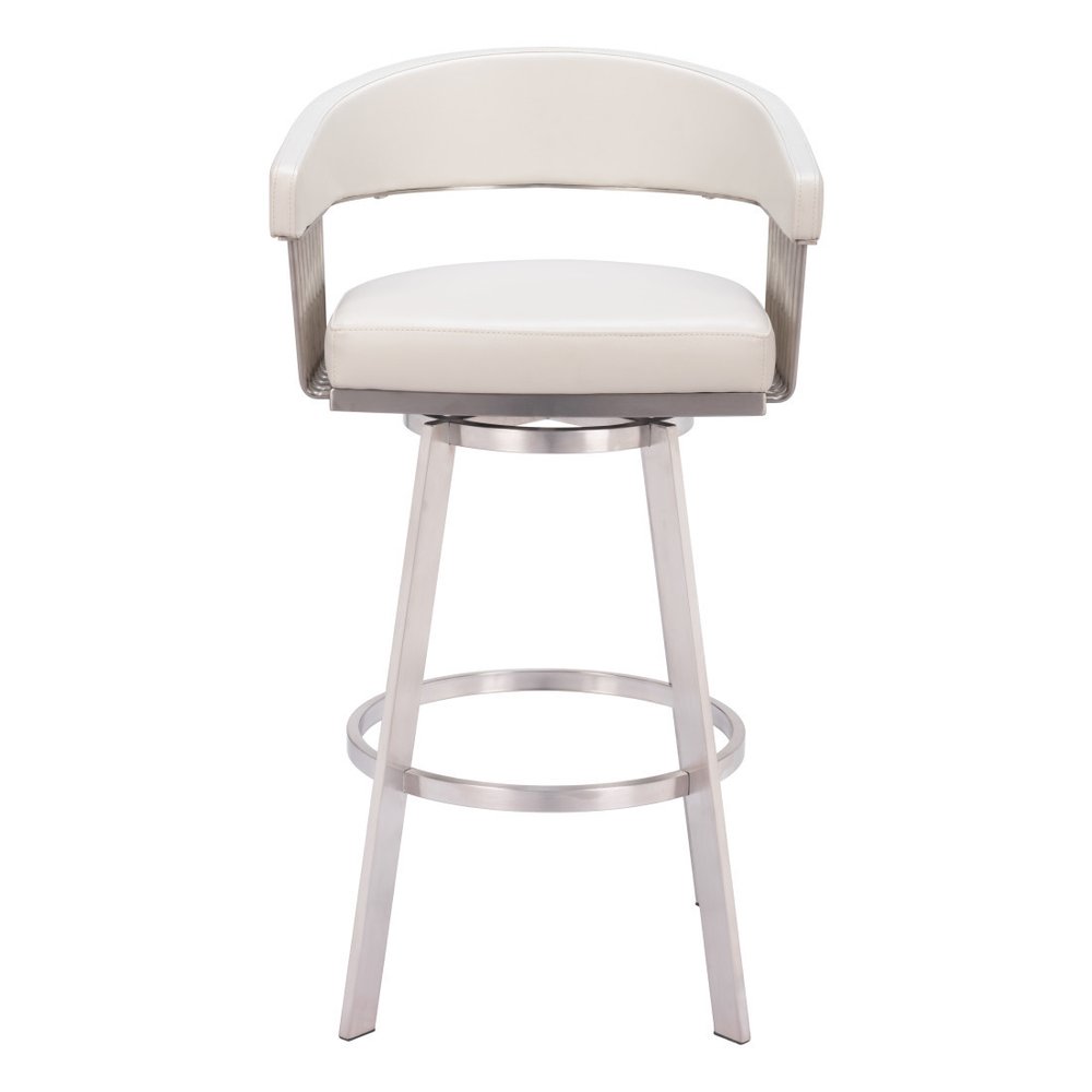 31" White And Silver Faux Leather And Stainless Steel Bar Height Swivel Bar Chair