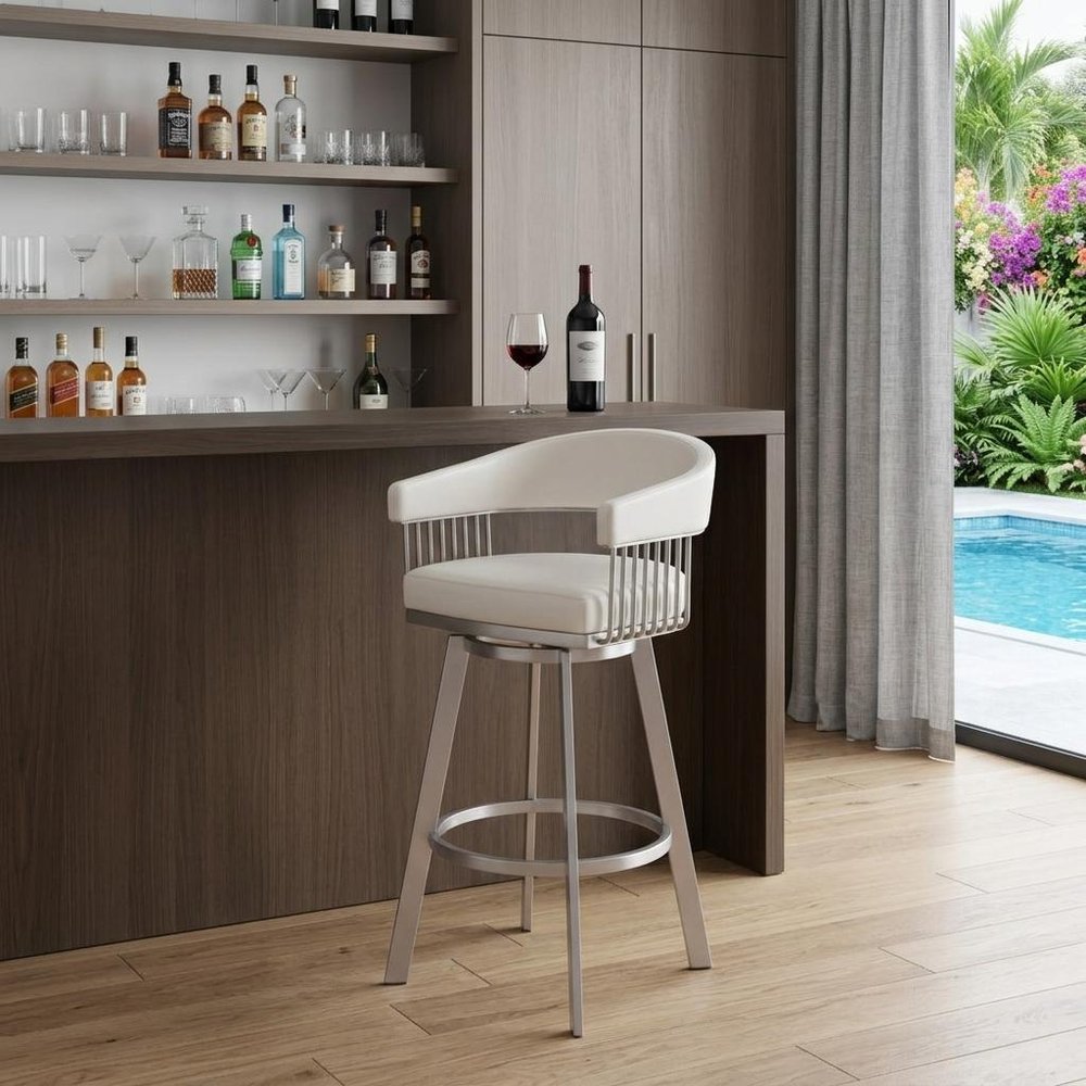 31" White And Silver Faux Leather And Stainless Steel Bar Height Swivel Bar Chair