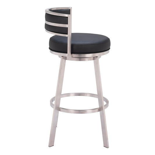 31" Black And Silver Faux Leather And Fabric And Steel Low Back Bar Height Swivel Bar Chair