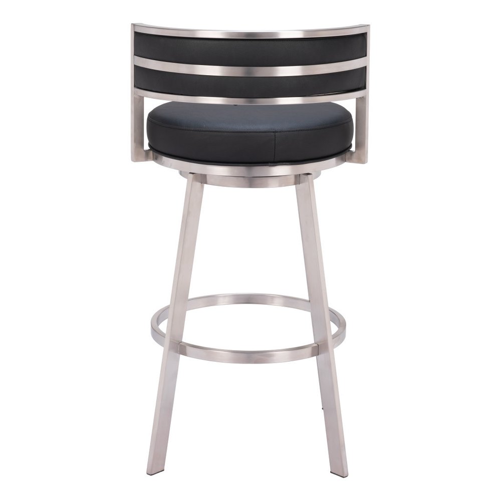31" Black And Silver Faux Leather And Stainless Steel Low Back Bar Height Swivel Bar Chair