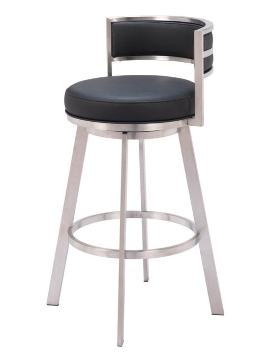 31" Black And Silver Faux Leather And Fabric And Steel Low Back Bar Height Swivel Bar Chair