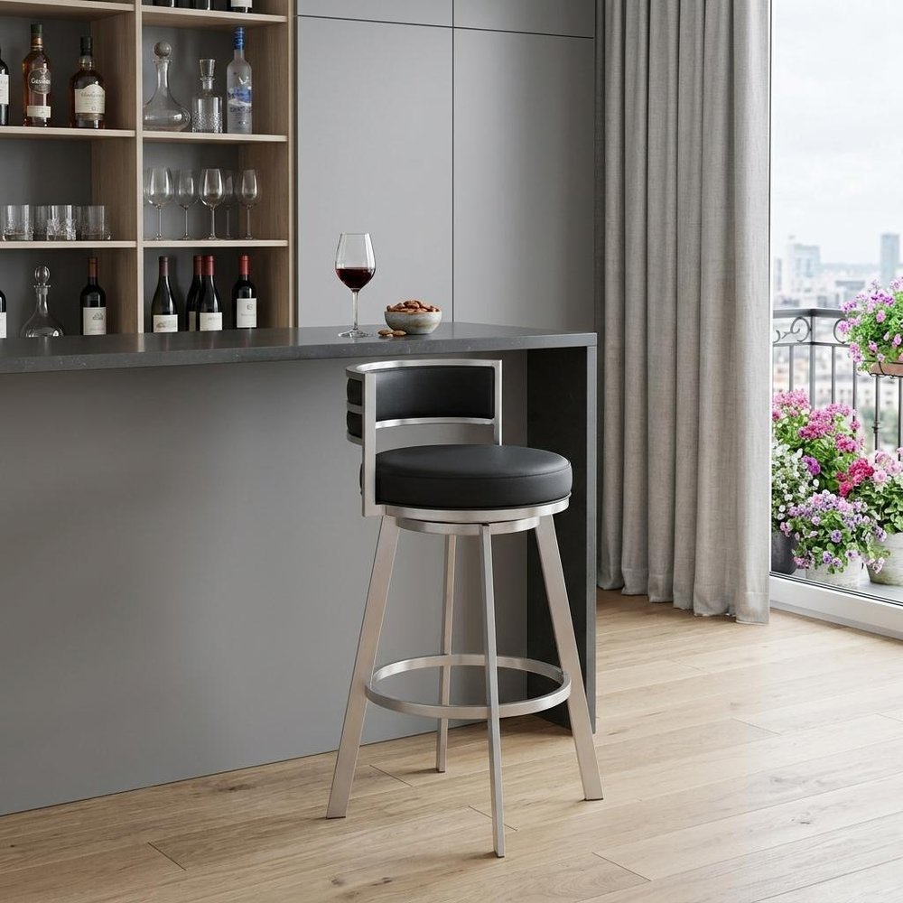 31" Black And Silver Faux Leather And Stainless Steel Low Back Bar Height Swivel Bar Chair