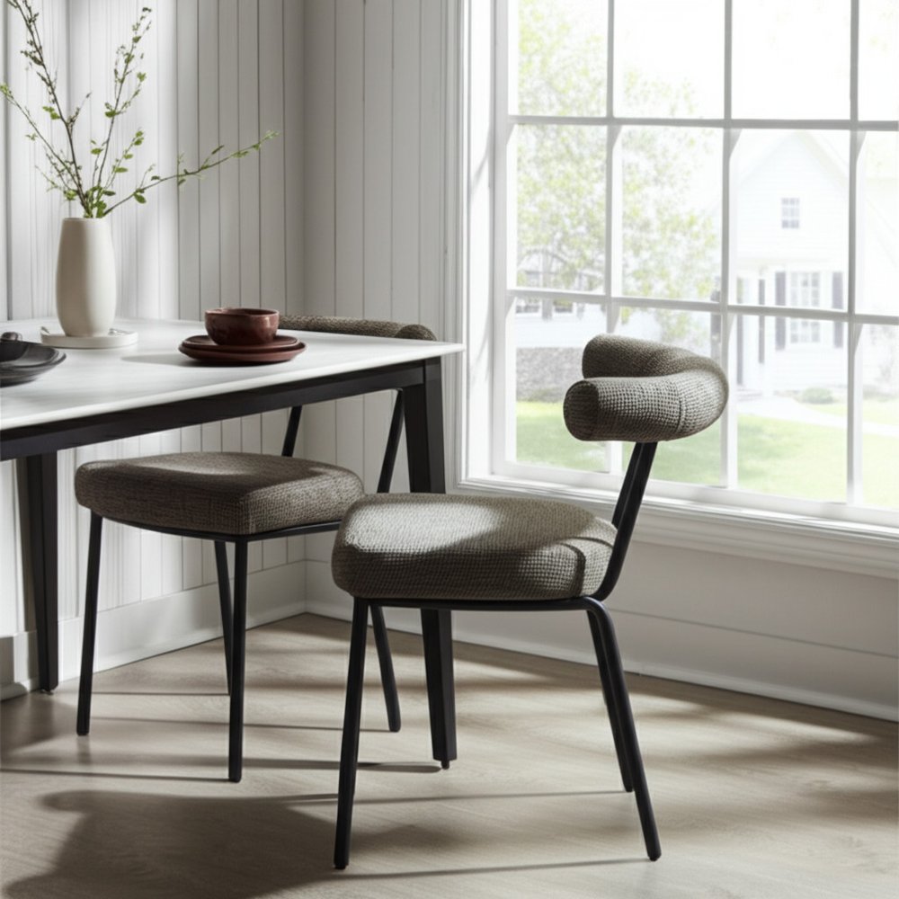 Set of Two Green and Black Upholstered Chenille Open Back Dining Side Chairs