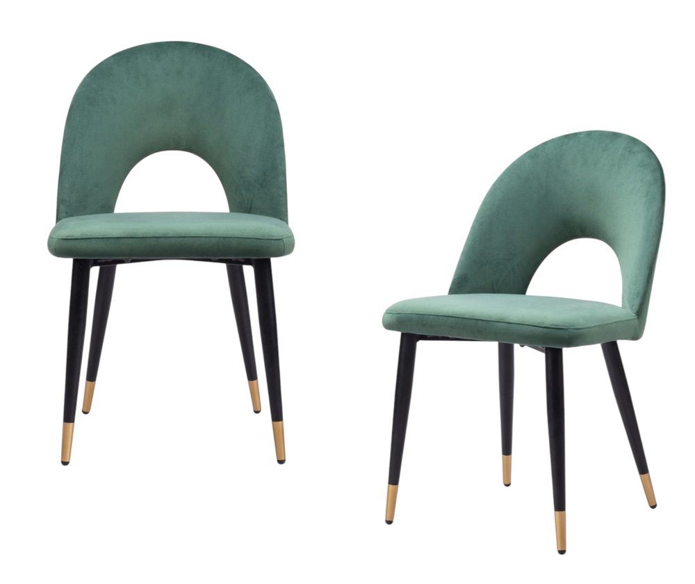 Set of Two Green Black and Gold Upholstered Velvet Open Back Dining Side Chairs