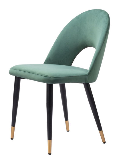 Set of Two Green Black and Gold Upholstered Velvet Open Back Dining Side Chairs