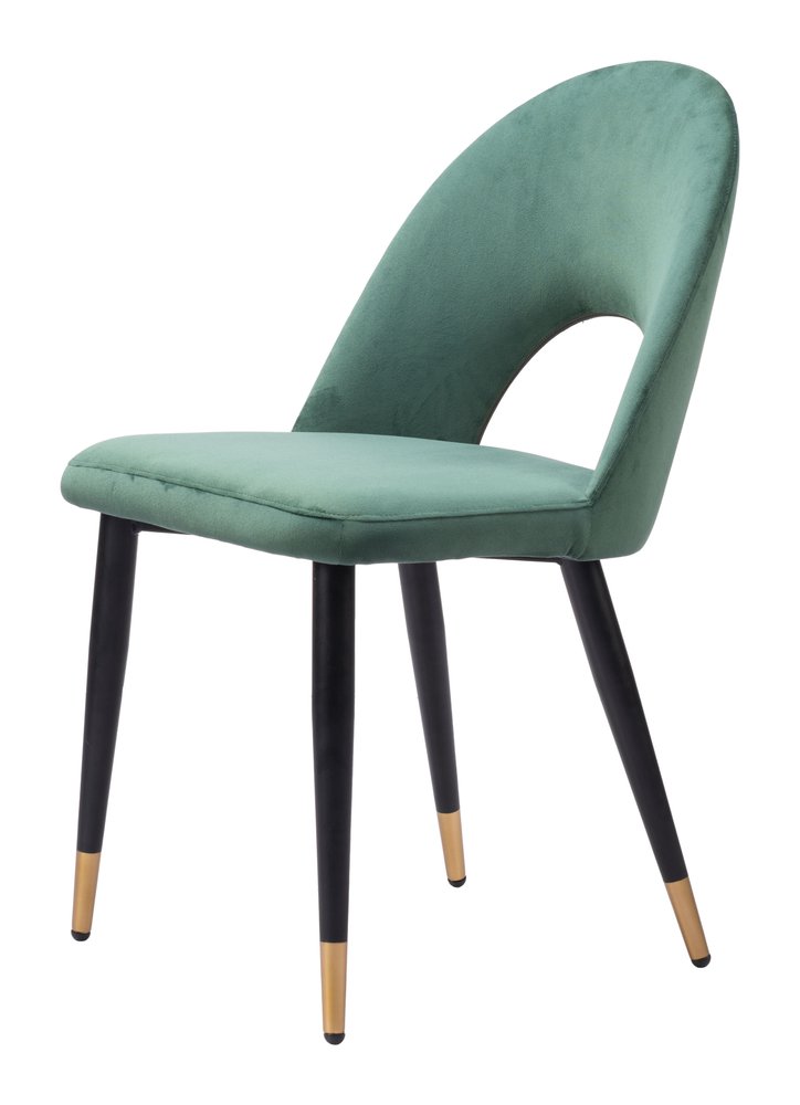 Set of Two Green Black and Gold Upholstered Velvet Open Back Dining Side Chairs