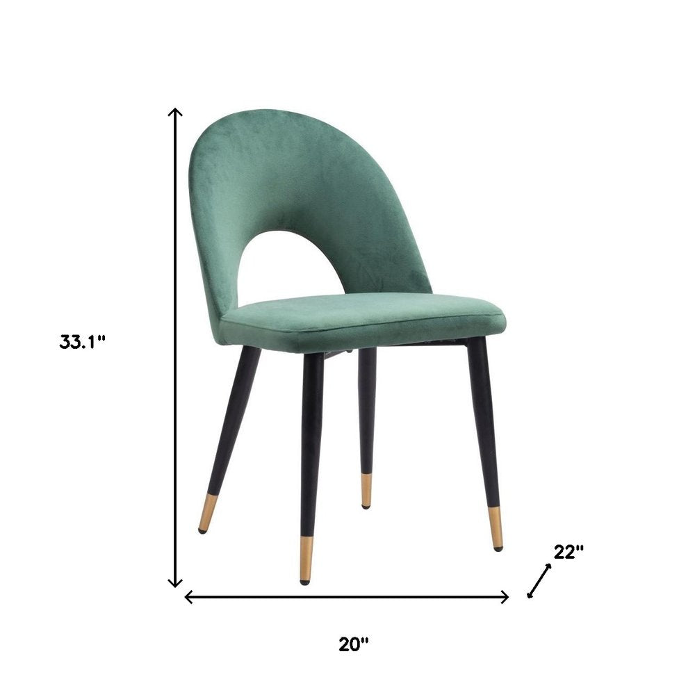 Set of Two Green Black and Gold Upholstered Velvet Open Back Dining Side Chairs