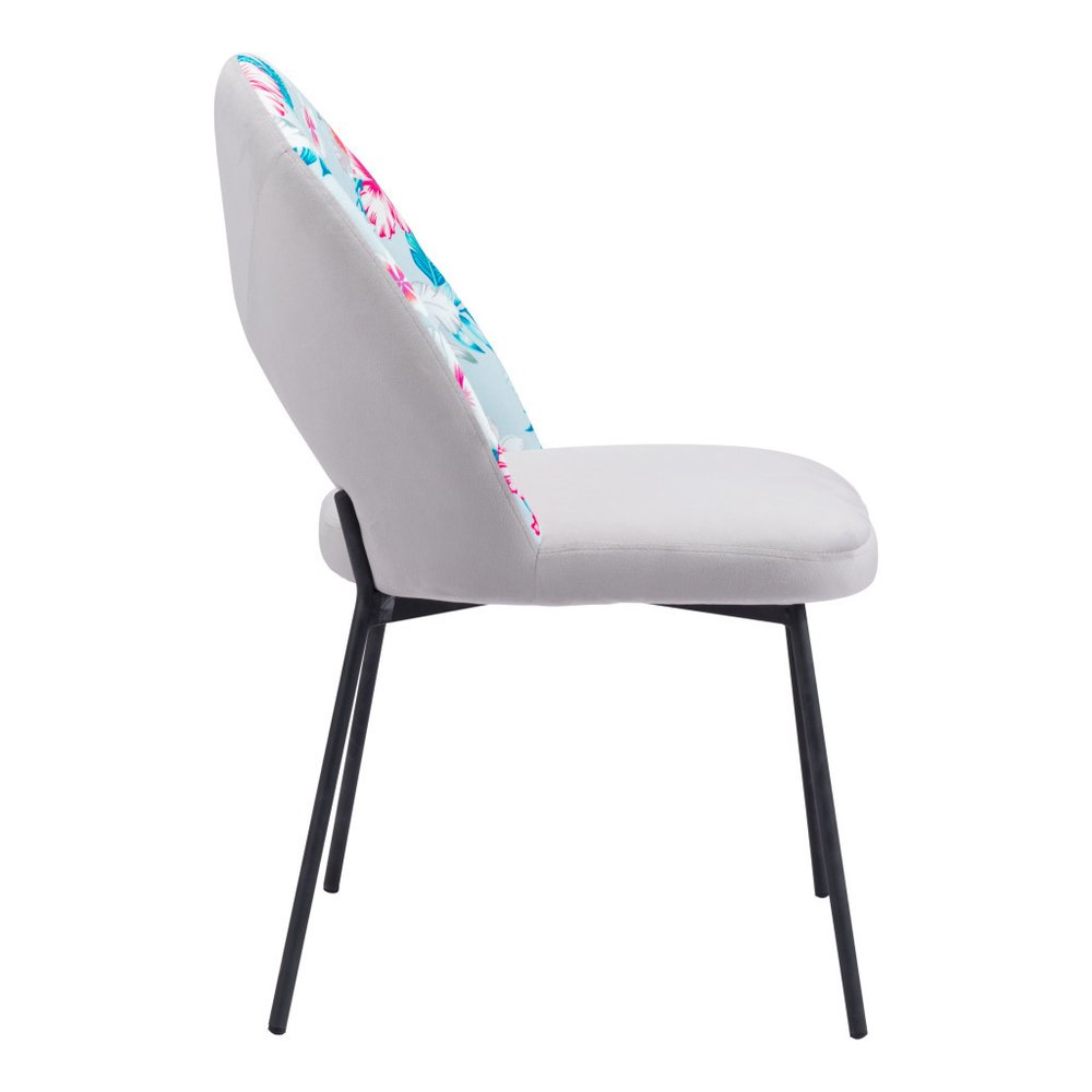 Set of Two Gray and Black Velvet And Steel Velvet And Steel Tropical Floral Dining Side Chairs