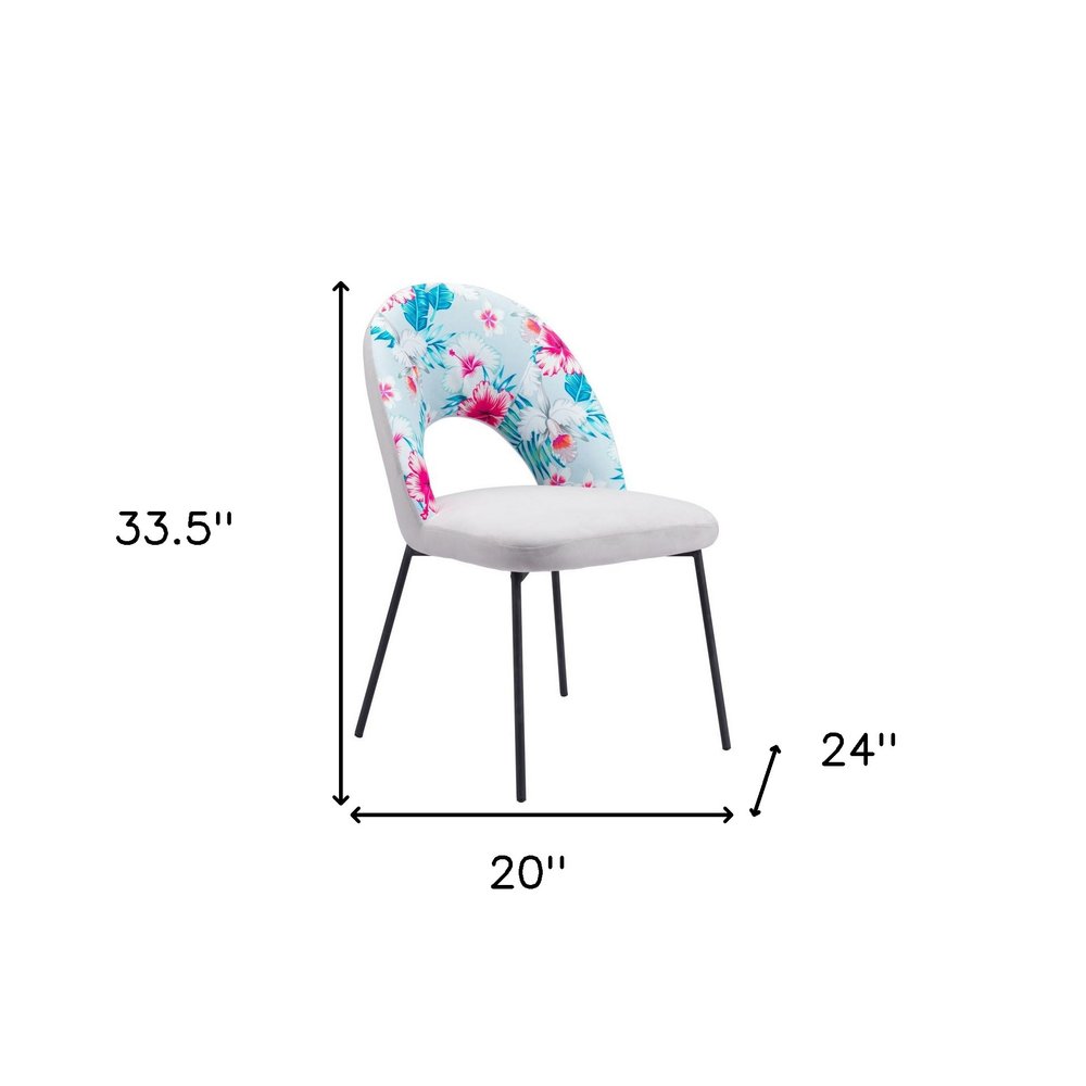 Set of Two Gray and Black Velvet And Steel Velvet And Steel Tropical Floral Dining Side Chairs