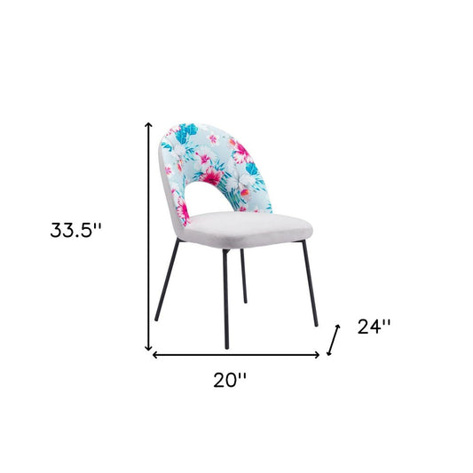 Set of Two Gray and Black Velvet And Steel Velvet And Steel Tropical Floral Dining Side Chairs