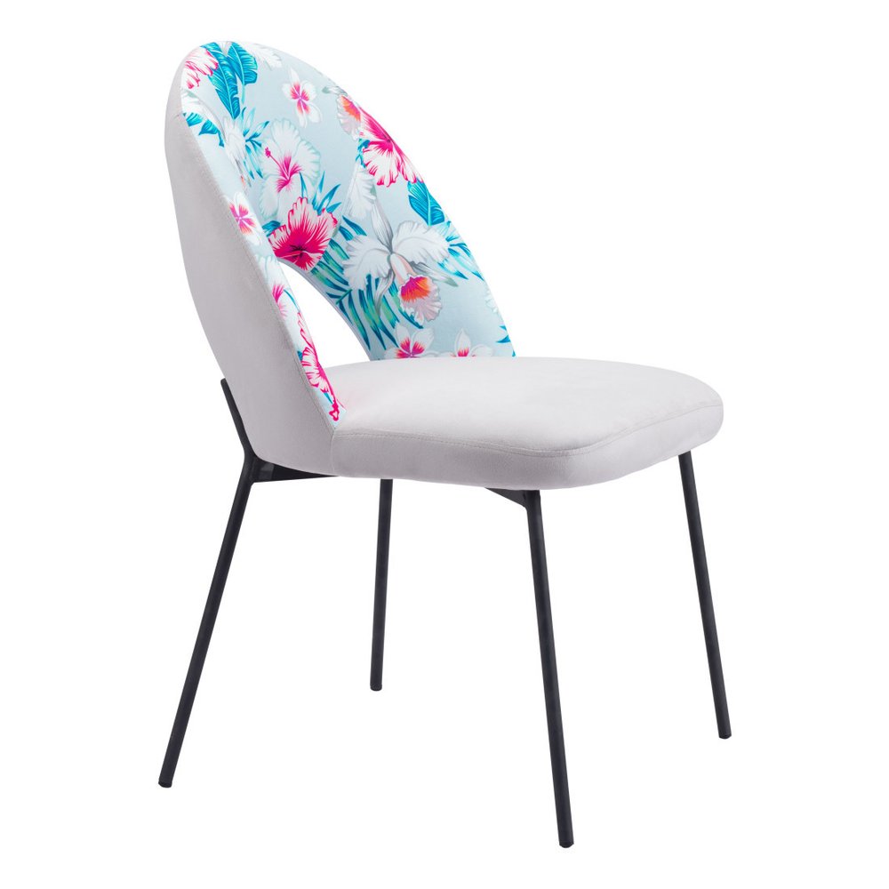 Set of Two Gray and Black Velvet And Steel Velvet And Steel Tropical Floral Dining Side Chairs