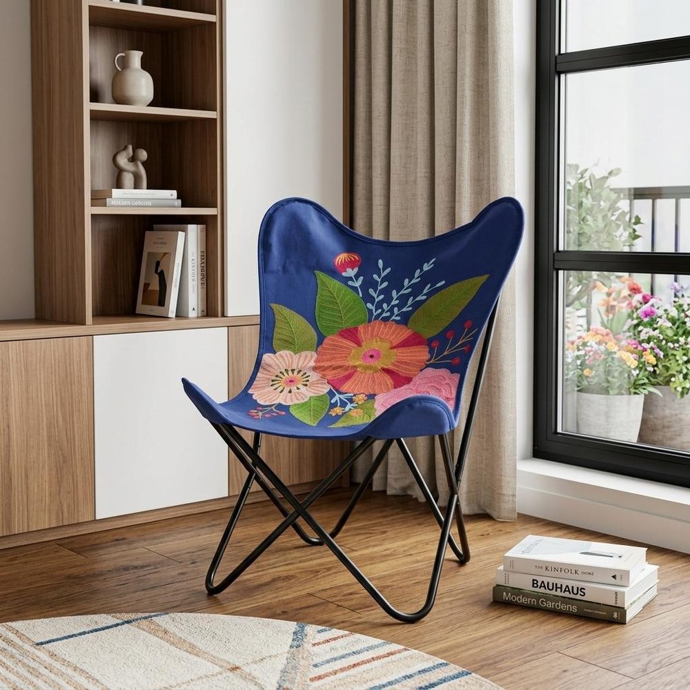 26" Blue And Black Tropical Butterfly Chair