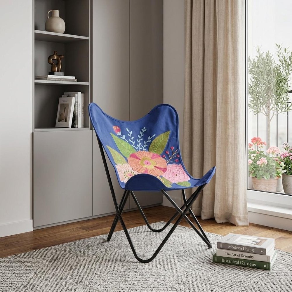 26" Blue And Black Tropical Butterfly Chair