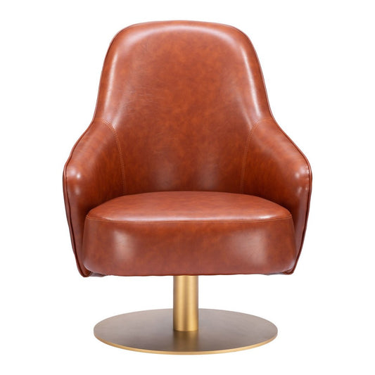 28" Brown And Gold Faux Leather And Faux Leather Swivel Arm Chair