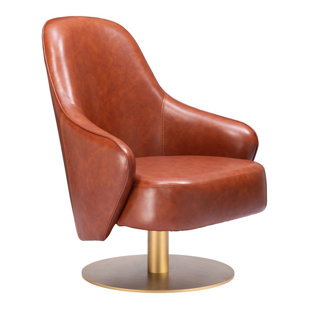 28" Brown And Gold Faux Leather And Faux Leather Swivel Arm Chair