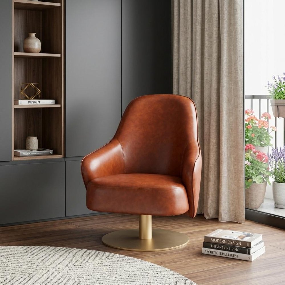 28" Brown And Gold Faux Leather And Faux Leather Swivel Arm Chair
