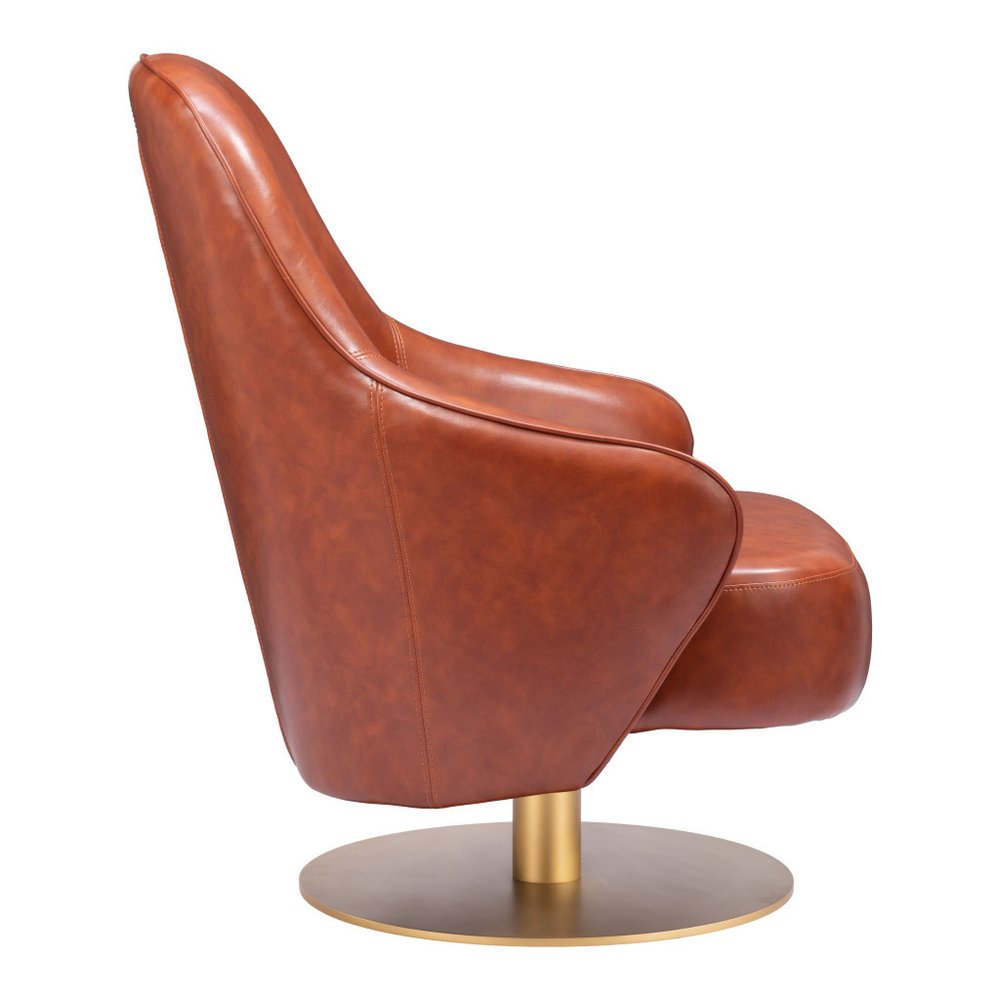 28" Brown And Gold Faux Leather And Faux Leather Swivel Arm Chair