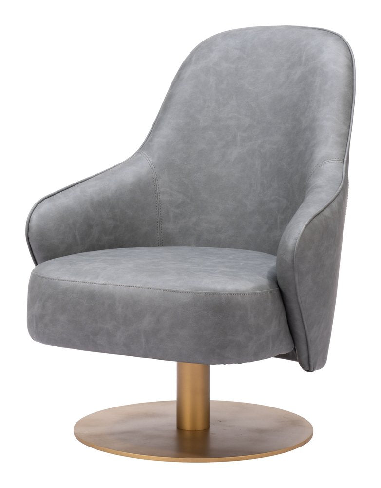 28" Gray And Gold Faux Leather And Faux Leather Swivel Arm Chair