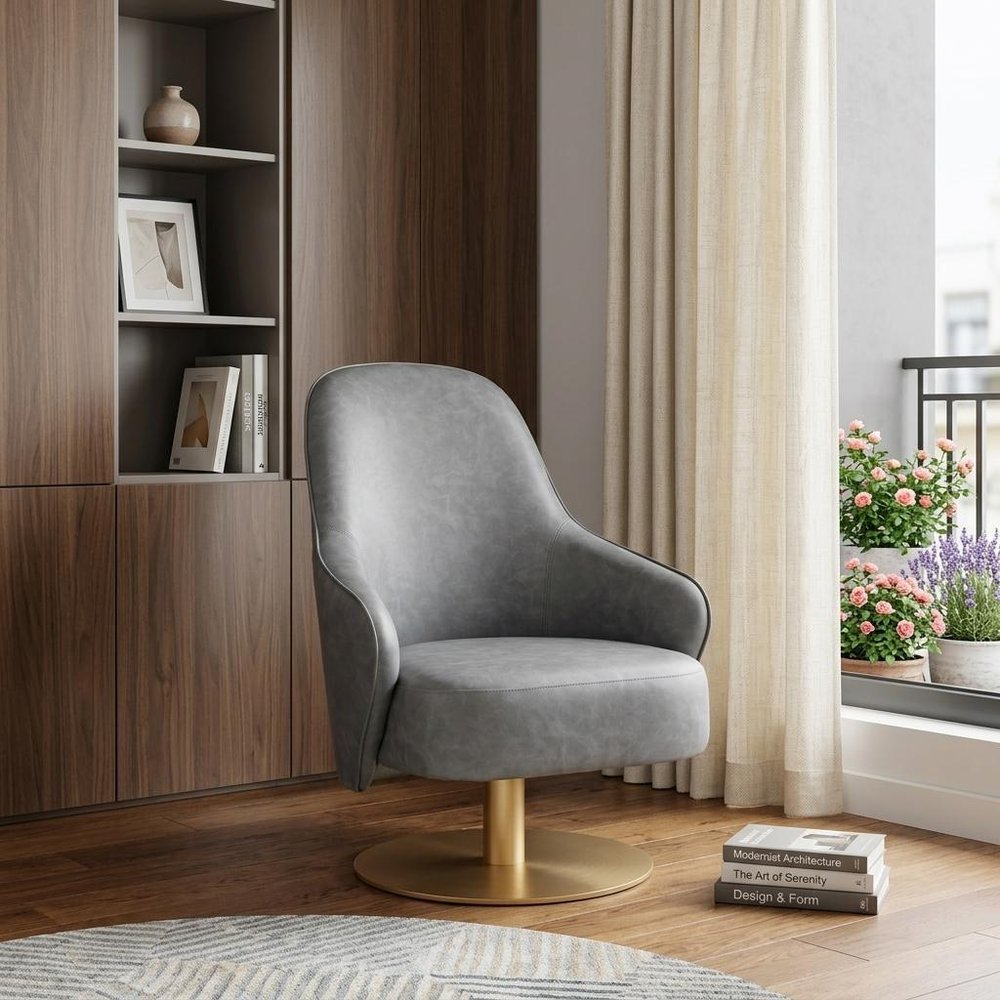 28" Gray And Gold Faux Leather And Faux Leather Swivel Arm Chair