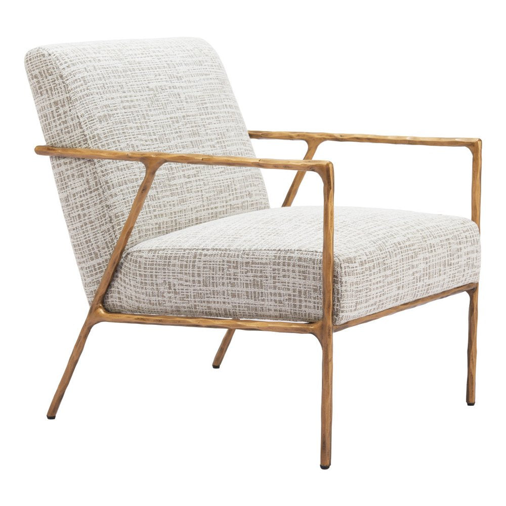 25" Beige And Gold Upholstered Arm Chair