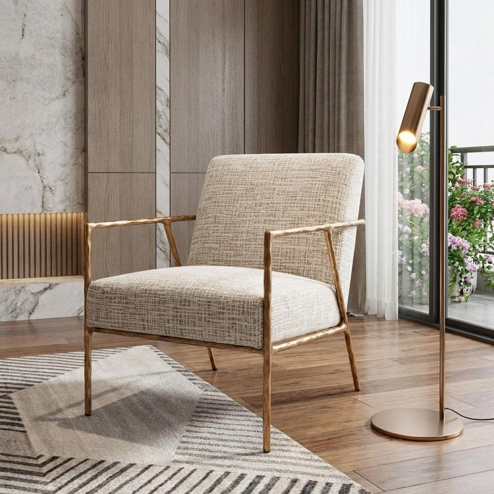 25" Beige And Gold Upholstered Arm Chair