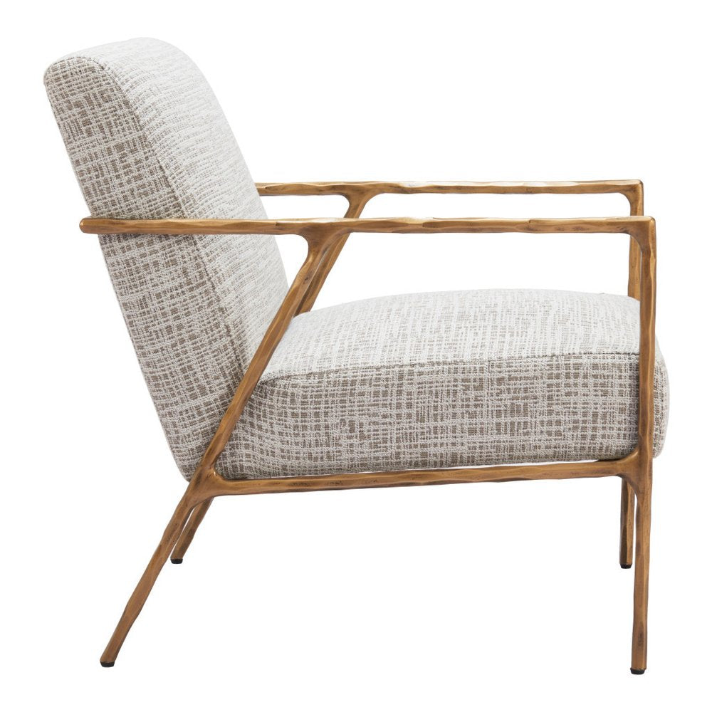 25" Beige And Gold Upholstered Arm Chair